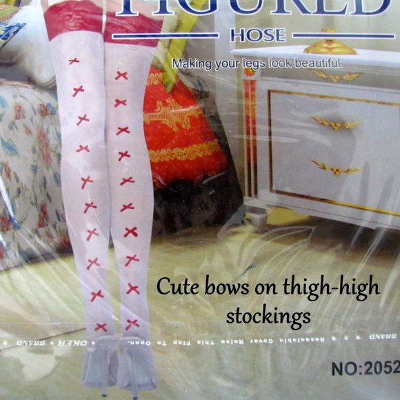 THIGH-HIGH STOCKINGS, RED BOWS & LACE TOPS on WHITE, SO CUTE! NEW in PACKAGE - Picture 2 of 4